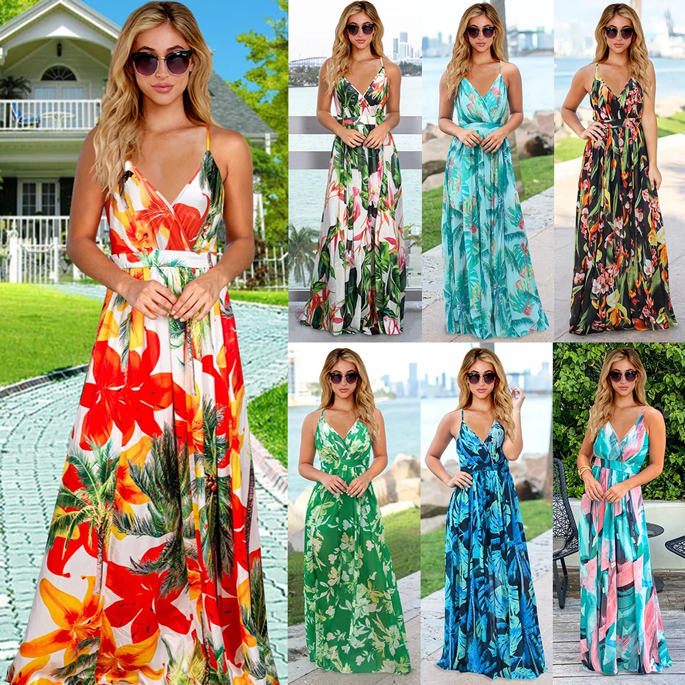 

2023 Women Fashion Casual Boho Floral Print Evening Party Backless Beach Long Dresses Sexy