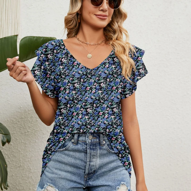 

Женская двухслойная блузка с коротким рукавом, V-образным вырезом и оборками