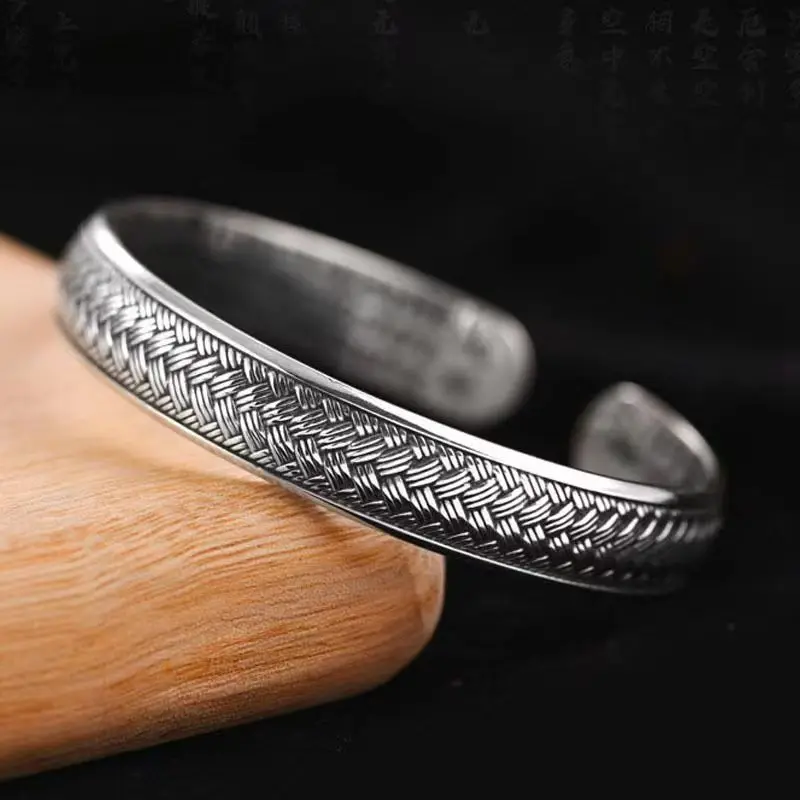 

999 Retro Thai Silver Heart Sutra Bracelet For Men Personalized Design Woven Couple Scripture Opening Wide Women Trendy Bangles