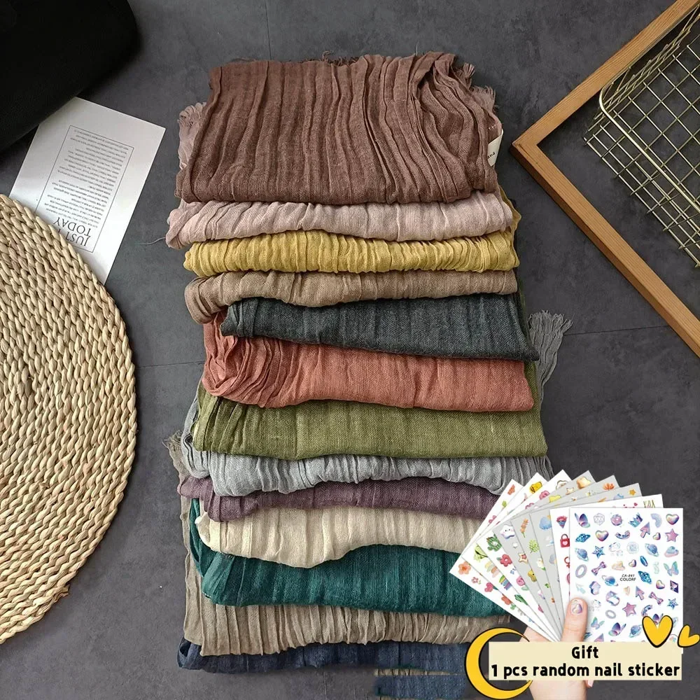 Зеленый хлопковый льняной шарф женский плиссированный длинный тонкий стильный с