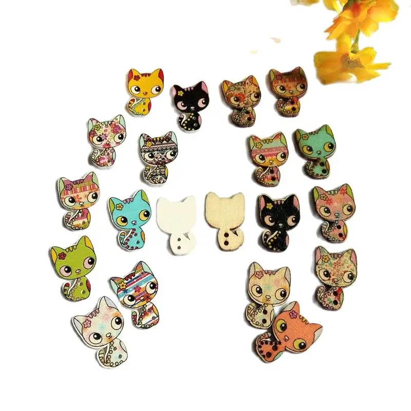 

50 шт./партия, деревянные пуговицы в виде кошки
