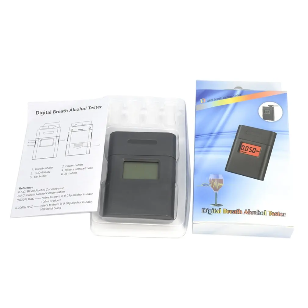 

Digital Portable Alcohol Tester Small Square Shape Audible Alert Red Backlight Screen Mouth Piece Quick Response And Resume
