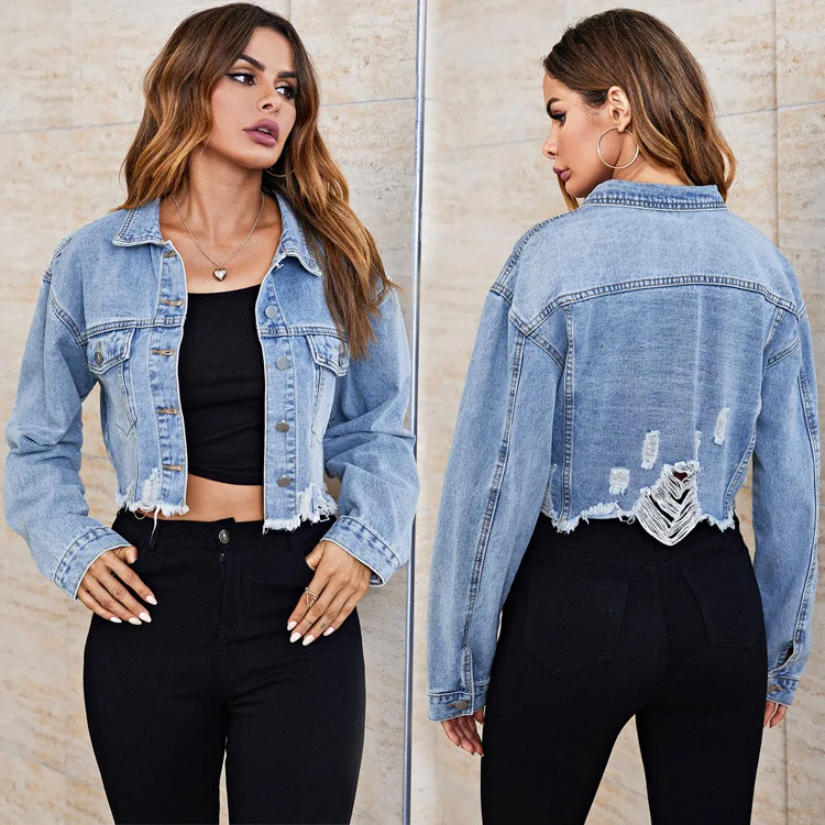 

ZT60164 women's denim jacket 2022 spring and autumn fashion casual high street solid color hole short jacket jacket women