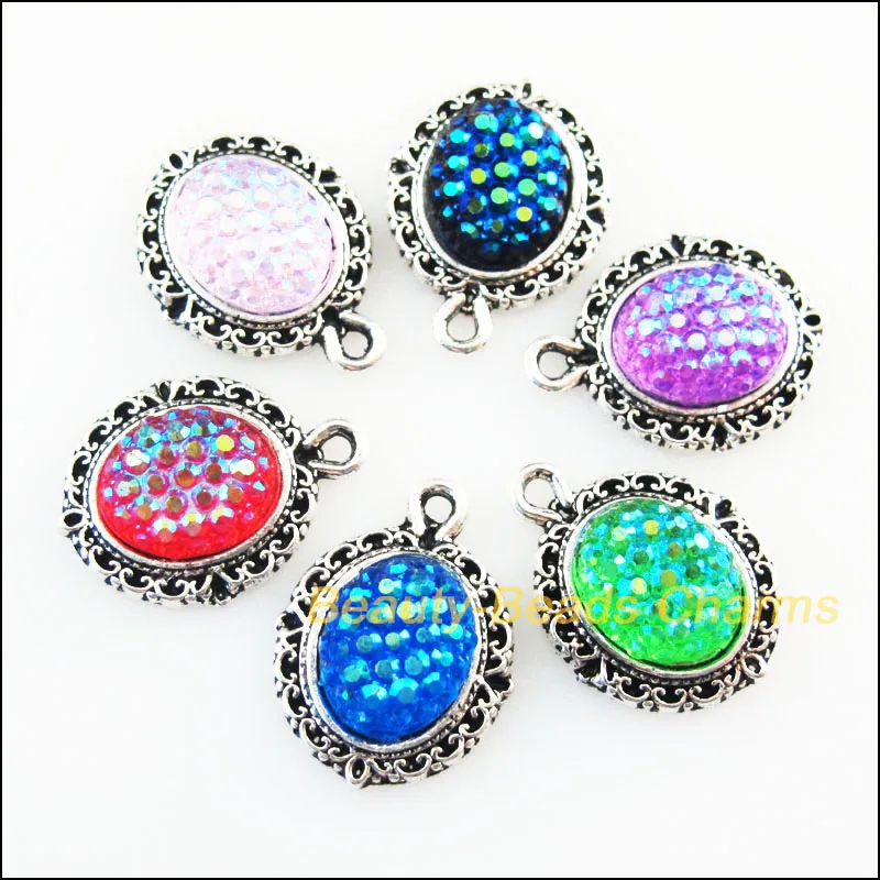 

18Pcs Oval Flower Mixed Scale Resin Tibetan Silver Plated Color Charms Pendants 13x18mm