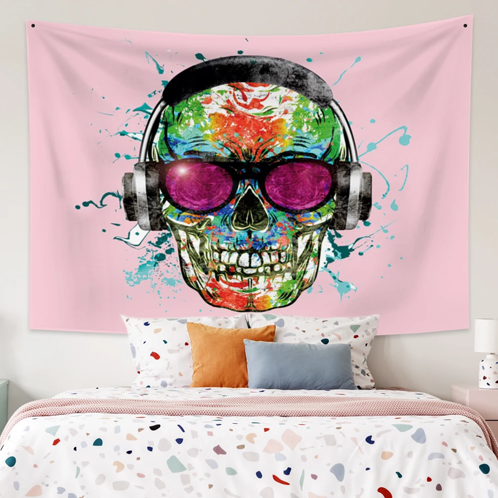 

Pink Headphones Skull Sunglasses Tapestry Wall Hanging Bohemian Hippie Planet Psychedelic Witchcraft Aesthetic Room Decor