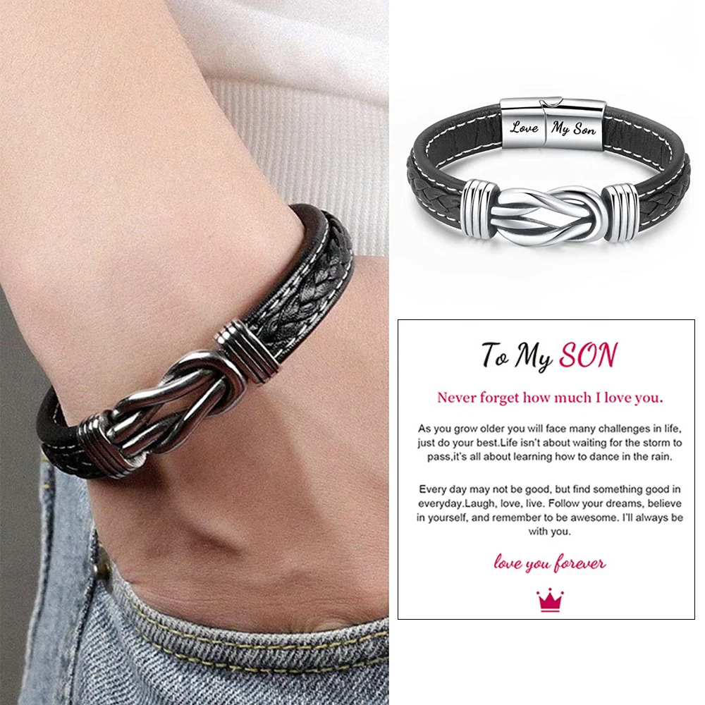 To My Son To My Grandson Bracelet Love You Forever Braided Leather Knot Bracelet Stainless Steel Magnetic Clasp Jewelry Gift