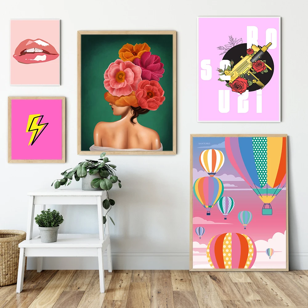 

Abstract Modern Girl Canvas Painting Poster Fun Lips Lightning Rose Home Wall Art Multicolour Balloon Living Room Decor Pictures