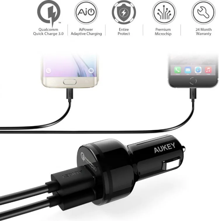 Автомобильное зарядное устройство Aukey 2 Port Car Charger with Quick Charge 3.0 33Вт цвет Черный (CC-T7)
