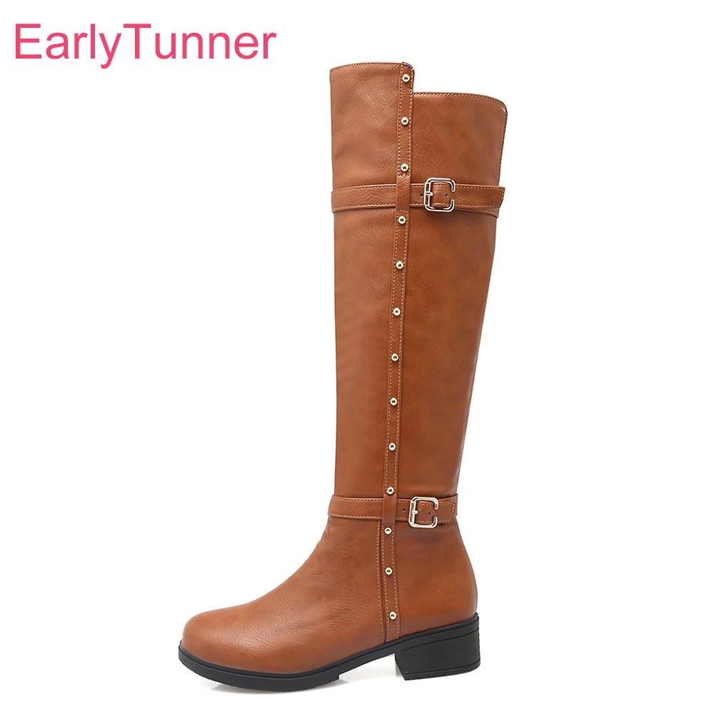 

Brand New Winter Sale Yellow White Women Nude Knee High Boots Sexy Lady Riding Rivets Shoes Chunky Heel EA11 Plus Big size 43 10