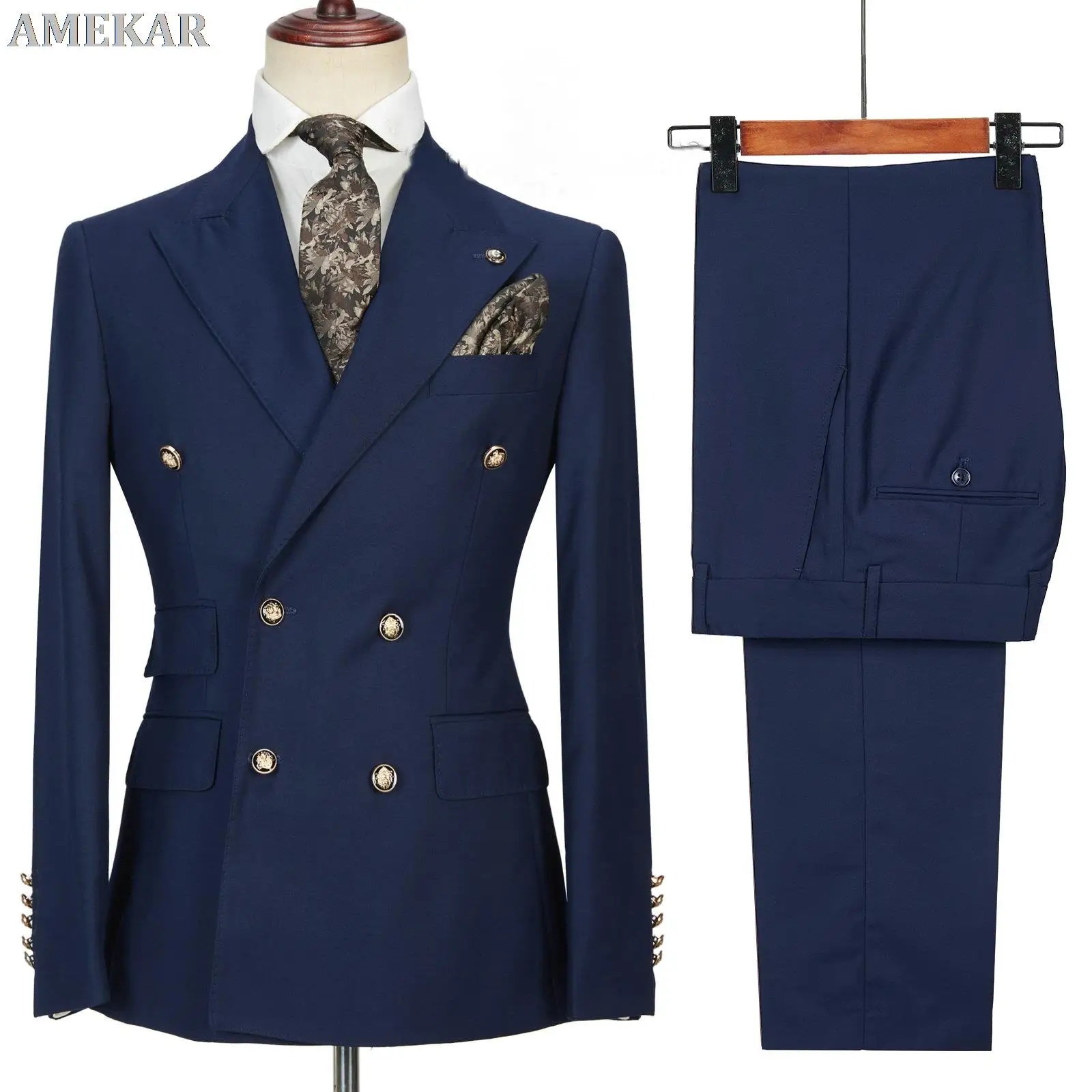 

The New Men Suits Winter Jackets Double Breasted Tailor-Made 2 Pieces Gold Button Blazer Pant Wedding Costume Homme