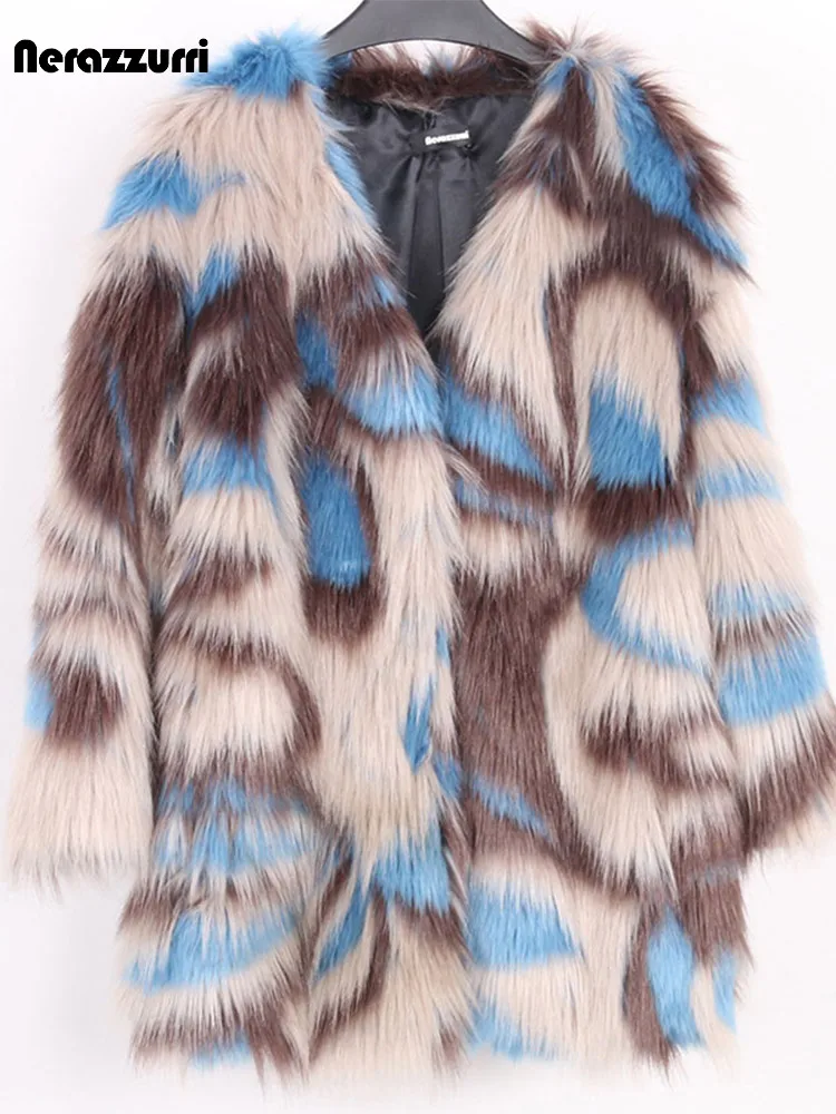 

Nerazzurri Multicolor faux fur coat women drop shoulder Winter thick warm furry faux fur jacket women v neck Korean fashion xxl