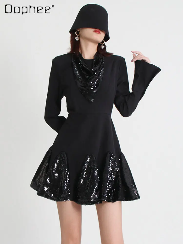 

Женское ТРАПЕЦИЕВИДНОЕ ПЛАТЬЕ с блестками, новинка весны 2023, персонализированный пуловер с круглым вырезом и длинным рукавом, Черное корот...