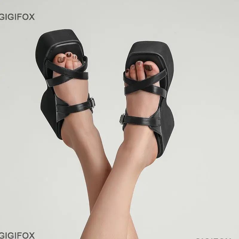 

GIGIFOX Platform Flip Flop Slides Shoes Women Design Cross Wedges Heeled Thong Summer Sandals Punk Style Comfy Walking Slippers