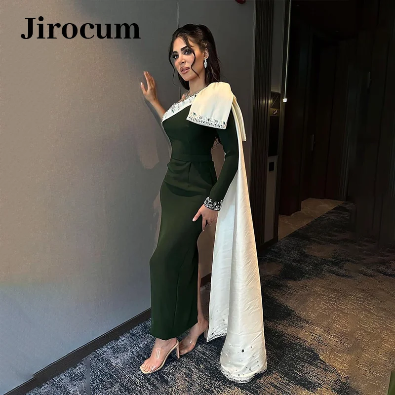 

Jirocum Beaded Satin Long Evening Gown Dark Green One Shoulder Long Sleeve Formal Party Prom Dress Women's Formal Occasion Gowns
