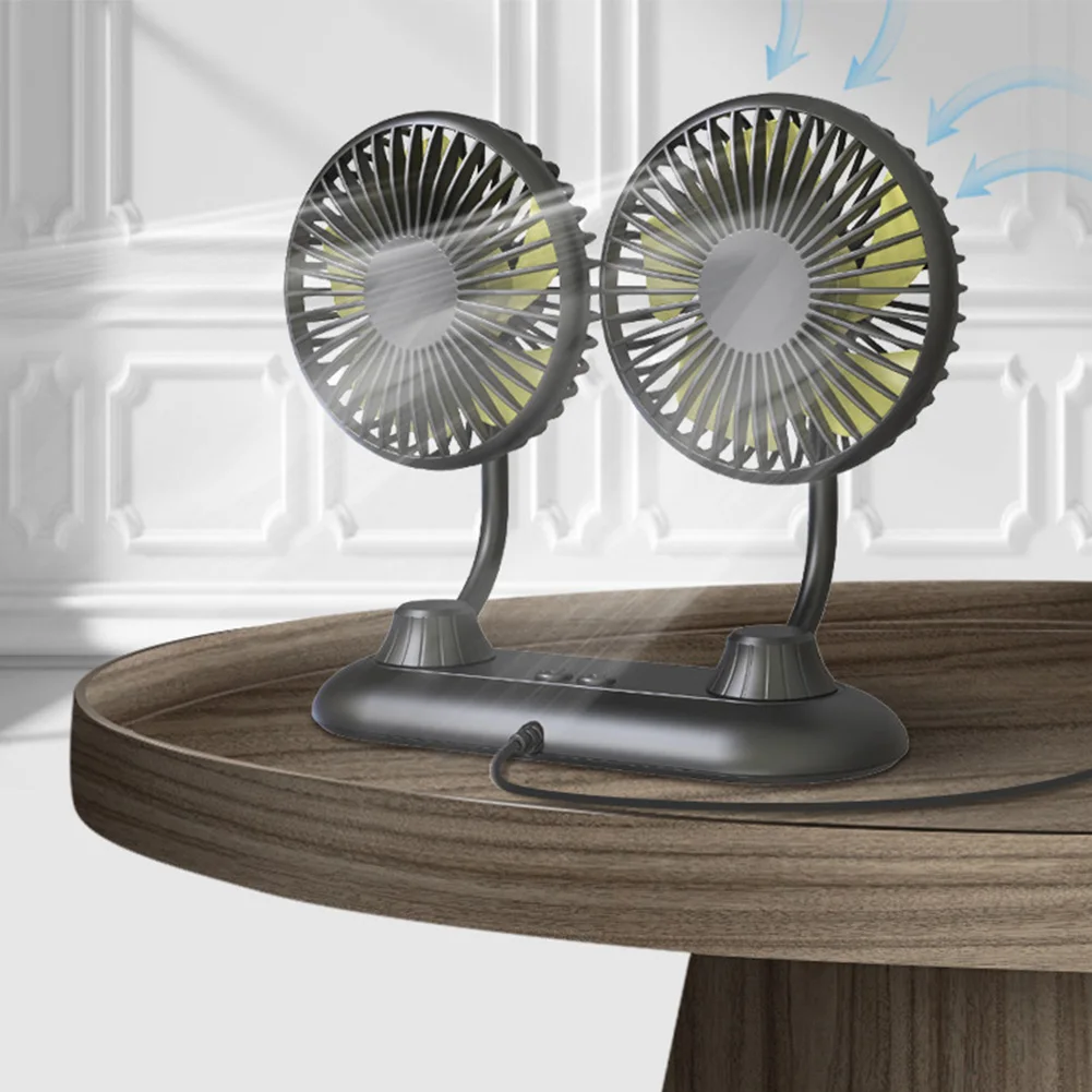 

5V/10W Double-head Fan 360 Degree Car Fan Summer Cooling Low Noise Car Cooler Air Fan Strong Wind Accessories 3 Gears Adjustable