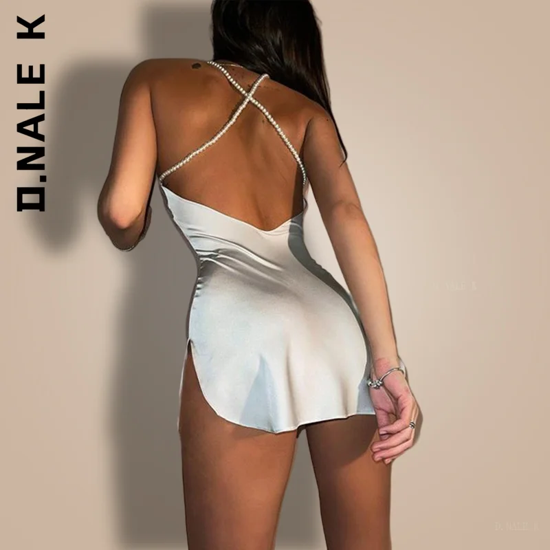 

Women Dress New Silk Strap Backless Solid Color Criss Front Pearl Sexy Dress Popular Vintage Vestidos Female Dresses Woman