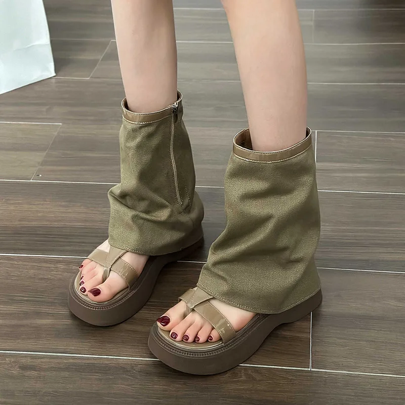 Summer Fashion Trend Trousers Boots Women's Shoes 2023 New Casual Solid Color Mid-Tube Sandals Thick-Soled Flat Shoes Size 35-39