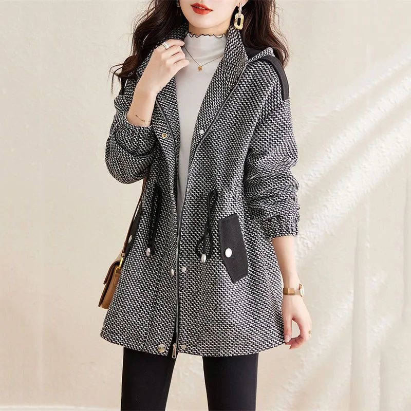 

2022 New Autumn Winter Women Jacket Woolen Coat Female Mid Long zipper Hooded Draw Women Woolen Cloth Overcoat Female Tops R2484