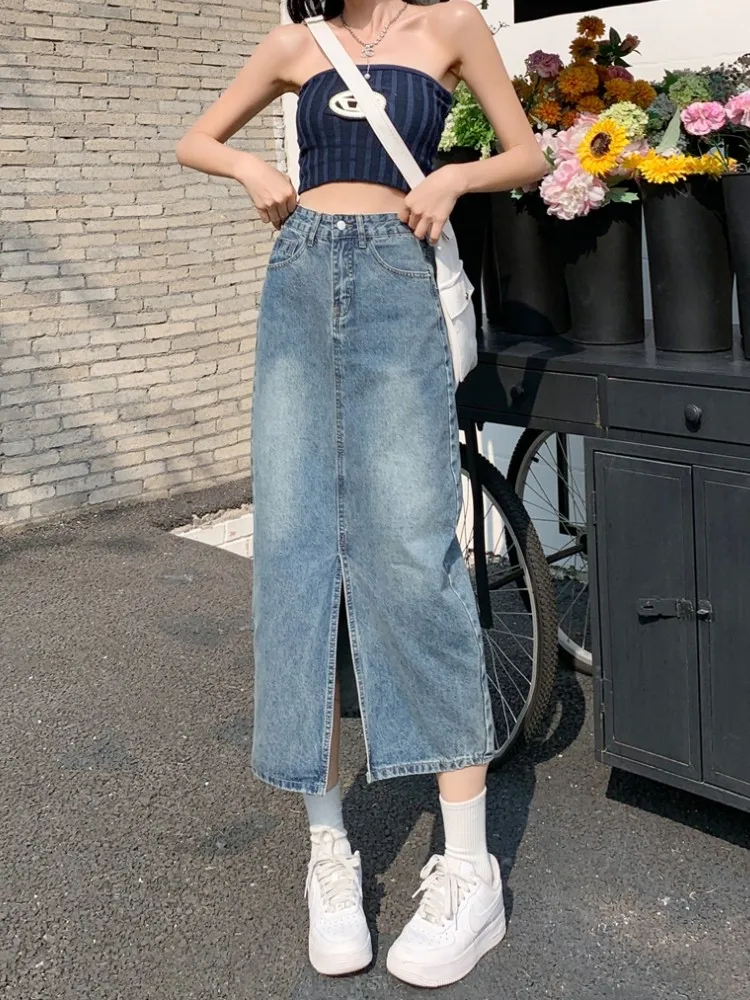 

GUUZYUVIZ Split Denim A Line Vintage Long Skirts For Women