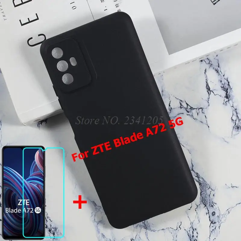 

2in1 Temepred Glass Cover For ZTE Blade A72 5G Etui Camera Protection Soft Black TPU Phone Case on ZTE Blade A72 5G Silicon Caso