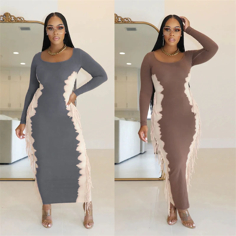 Лоскутное повседневное платье макси с кисточками женское элегантное вечернее