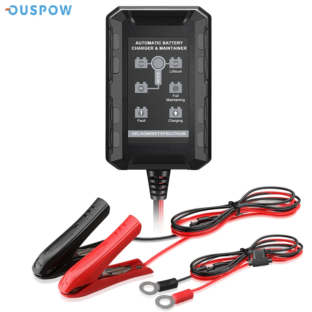Ouspow Motorcycle and Car Battery Charger For 6V/12V Lead-Acid SLA GEL AGM WET Battery Charger Or 14V LiFEPO4 Battery Charger