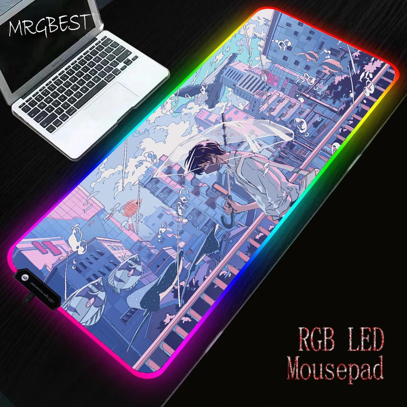 

Anime Boys City Pad Mouse RGB LED HD Print Computer Gamer Kawaii Locking Edge Mousepad XXL Keyboard PC Mice Mats for Lol Csgo