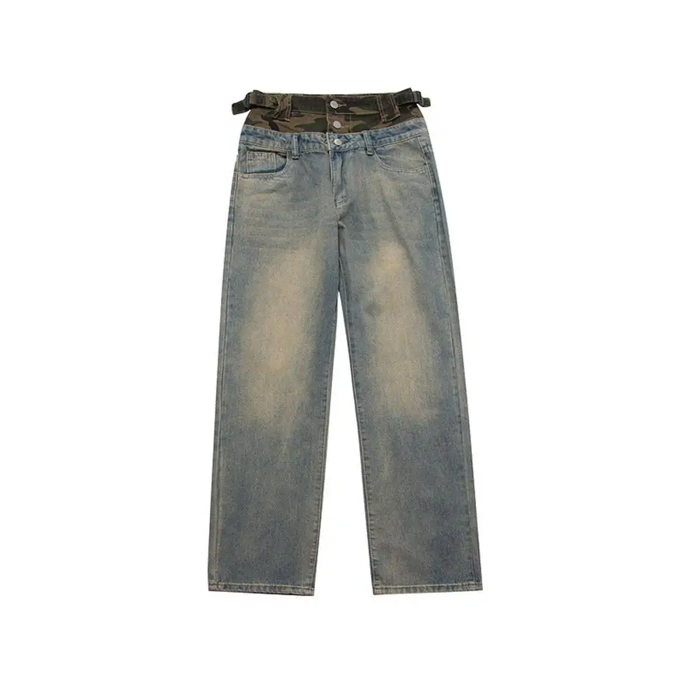 Men's Autumn New High Street Fashion Brand Retro Camouflage Stitching Personalized Buttons Washed And Old Straight Casual Jeans