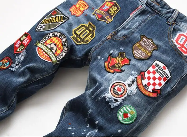 Hot Dsquared2 denim trousers high-quality patchwork contrast maple leaf stretch badge hole all handmade