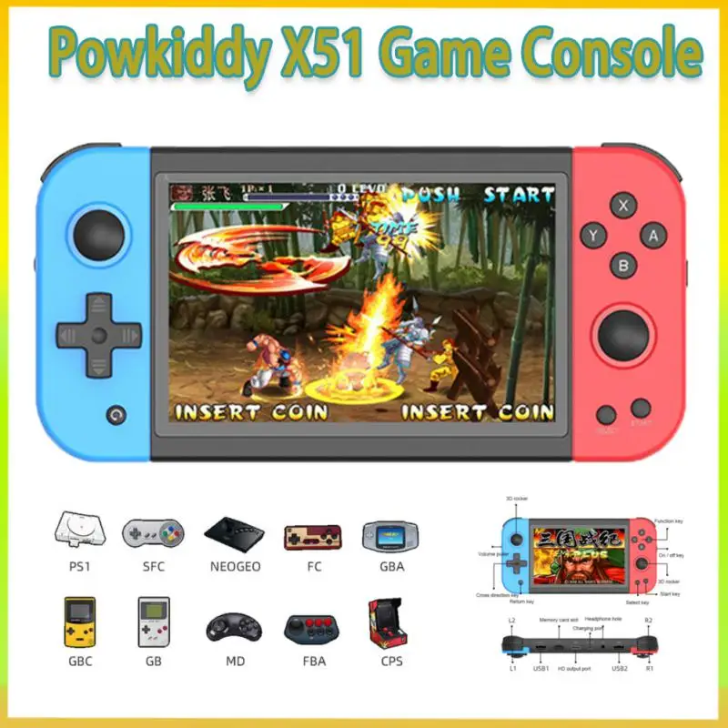 POWKIDDY X51 5 inch Handheld Video Game Console For PS1 FC MD Retro Games Player Dual Joystick Support HD TV Out Gaming Box Gift