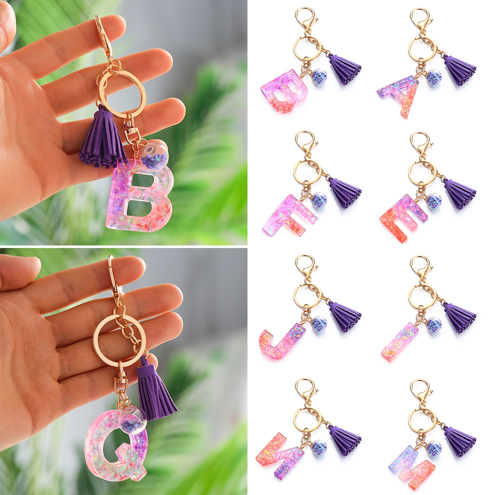 

New 26 English Alphabet Pendant Keychains With Purple Tassel Keyring Creative Women Bag Ornaments Car Key Chains Accessories