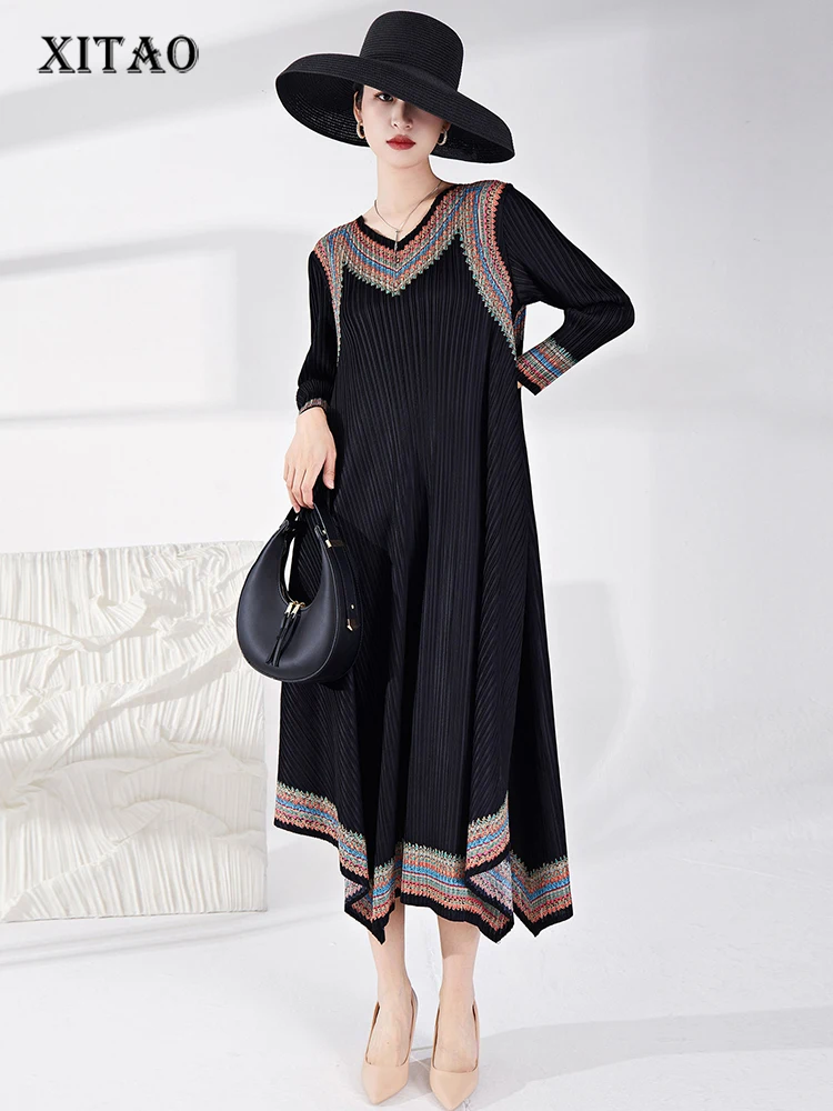 XITAO Fashion Vintage Folds Dress Loose Irregular Print Hem Simplicity Temperament National Style V-neck Women Dress FBB1568