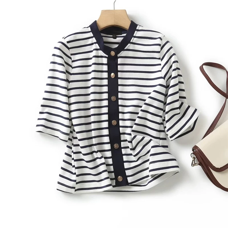 

Women O Neck Short Sleeve Front Button Cotton Striped T Shirt Casual Tops