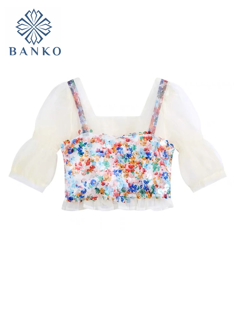 

Укороченные топы для женщин 2022, модная милая блузка из марли в стиле пэчворк с цветочным принтом и пышными рукавами, Пляжная праздвечерние ж...