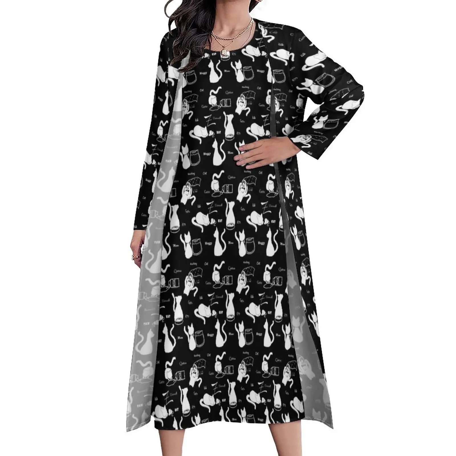 

Playful Black Cat Dress Animal Silhouette Party Maxi Dress Korean Fashion Bohemia Long Dresses Women Two Piece Big Size Clothes