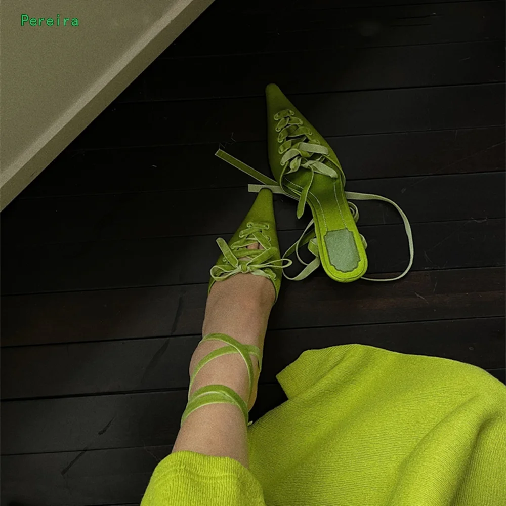 Green Lace-up Pumps 2022 New Arrival Solid Pointed Toe 6.5cm Thin High Heel Women's Sexy Fashion Party Shoes For Free Shipping