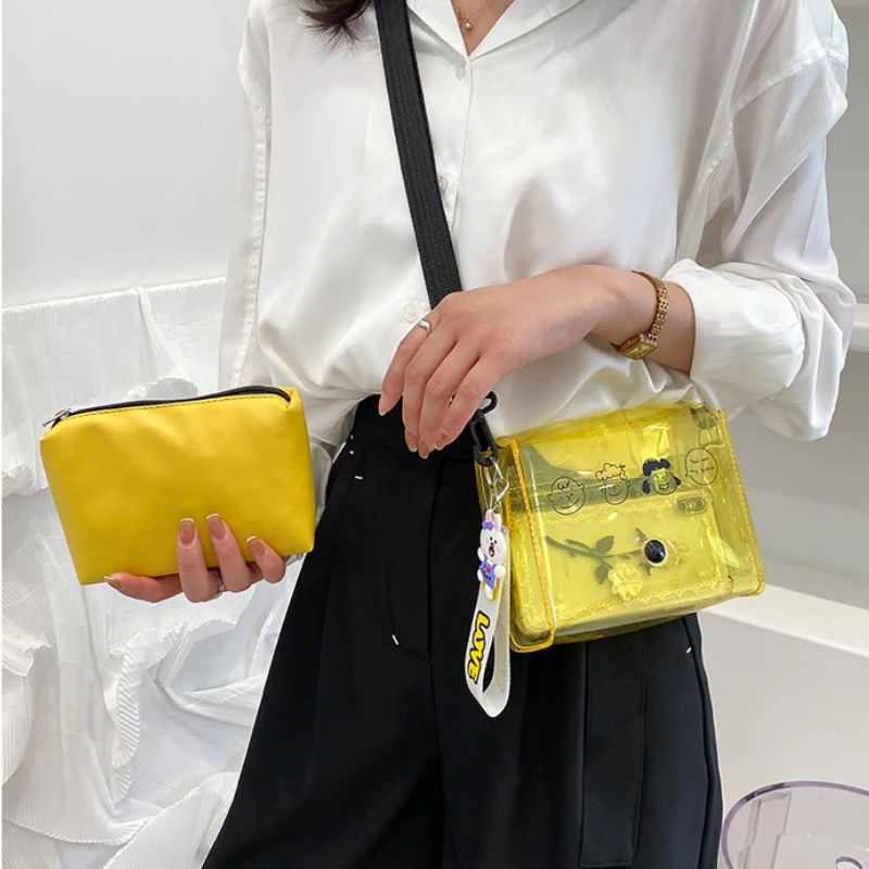 2022 Summer New Children Cartoon Transparent Jelly Oblique Cross Bag Girls Boys Shoulder Bag Travel Square Bag