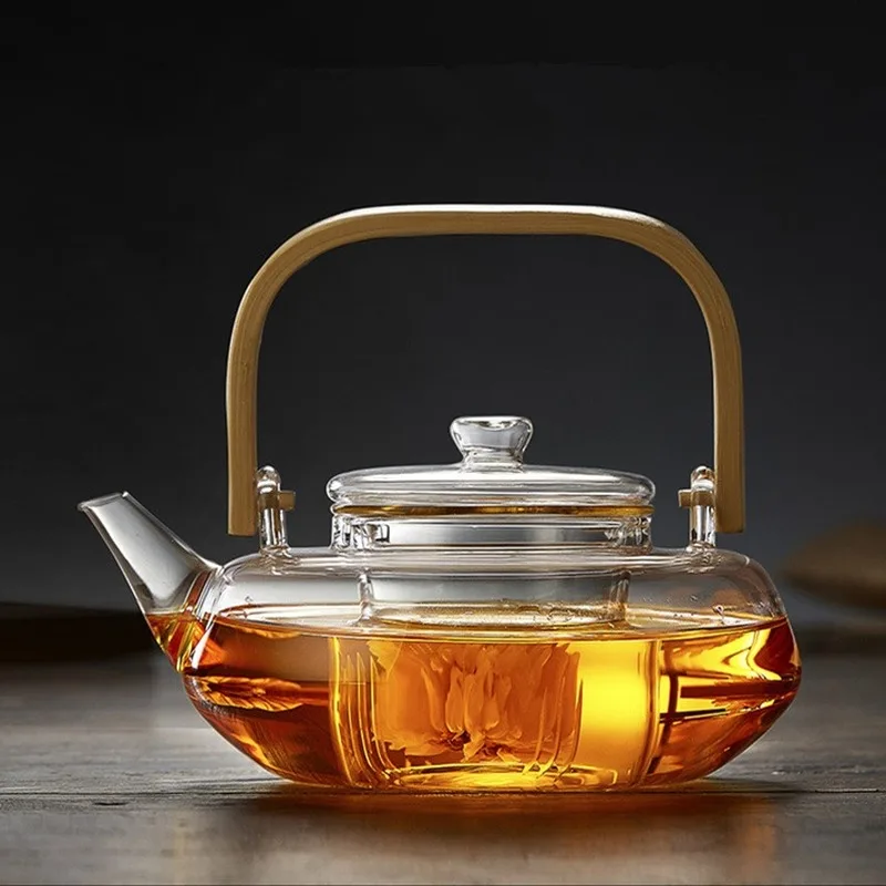 Glass Teapot Heat-Resistant Borosilicate Glass Teapot Boiling Teapot Thickened Bamboo Handle Teapot Household Tea Set WF