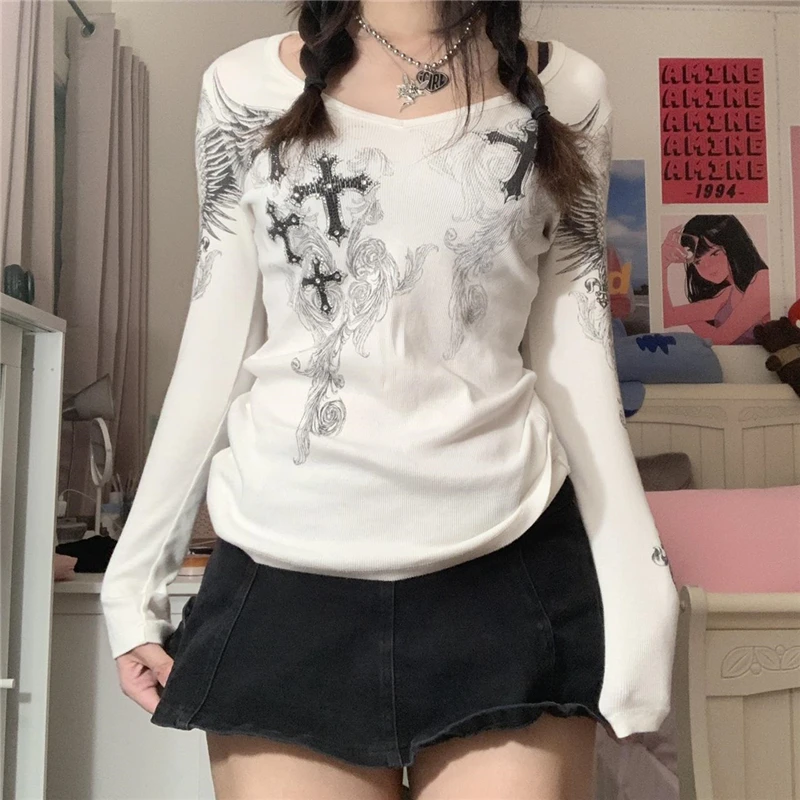 

2000s Retro Wing Cross Print Long Sleeve Tee Y2K Fairycore Graphic O-neck T-shirt Aesthetic Women Kawaii Crop Top Streetwear