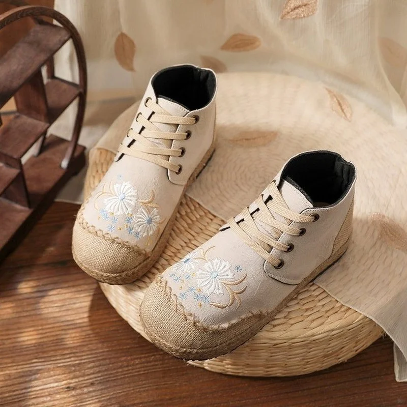 

Эспадрильи женские холщовые, высокие кроссовки ручной работы с цветочной вышивкой, на шнуровке, удобная повседневная обувь на плоской подо...