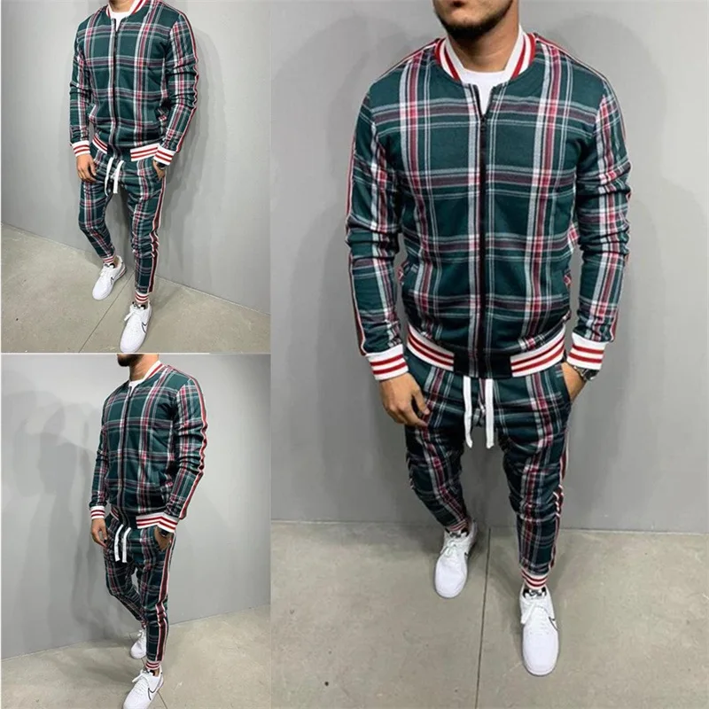 

Men's Plus Size Sports and Leisure Suit Men Fashion Plaid Design Jacket with Zipper Trousers Two Pieces Set Gym Clothing Men