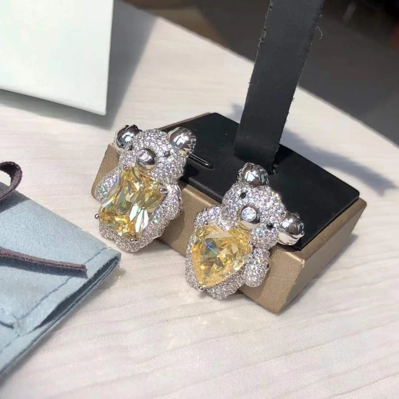 

925 sterling silver Pave zirconia cute gem bear stud earrings for women childlike exquisite luxury jewelry girly heart gift