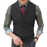 grey mens sleeveless vest suit collar wool herringbone business slim fit tank top chaleco hombre
