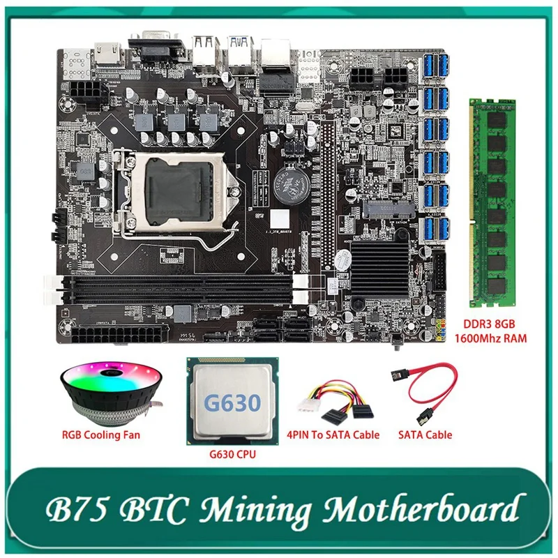 B75 ETH Mining Motherboard 12 PCIE To USB LGA1155 G630 CPU+Cooling Fan+DDR3 8GB 1600Mhz RAM B75 BTC Miner Motherboard