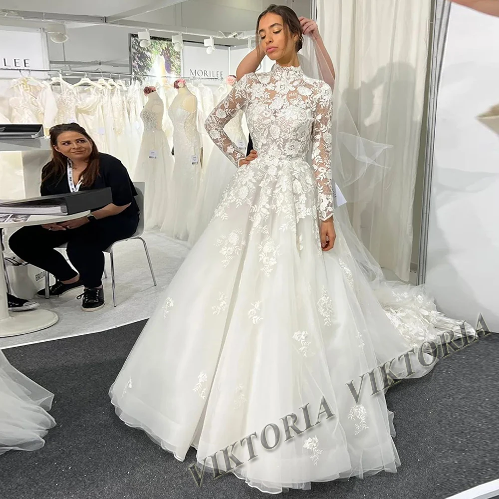 

VIKTORIA Vintage Wedding Dresses For Woman 2024 Bridal High Neck Long Sleeves A-LINE Appliques Robe De Mariée Custom Made