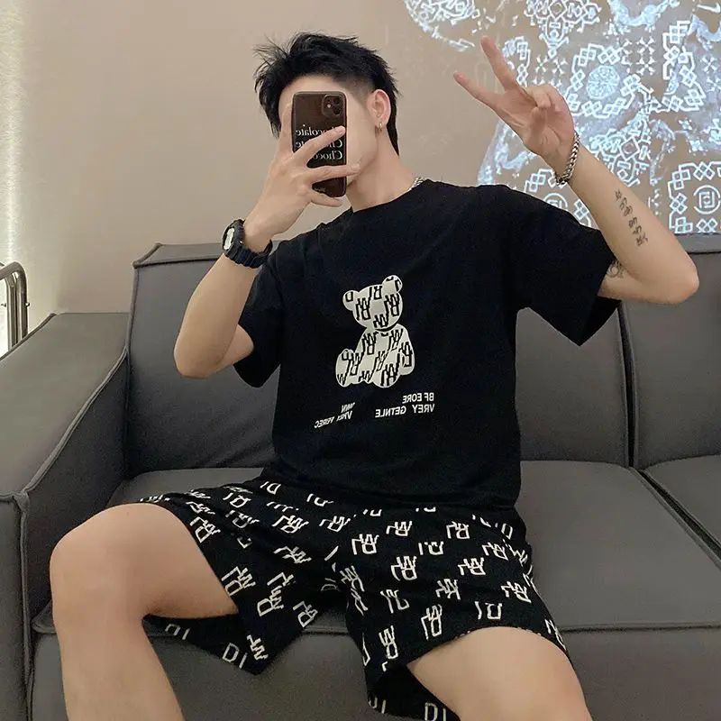 Couple pajama men's summer short-sleeved shorts loose plus size 2023 new pajamas women's summer short-sleeved loungewear