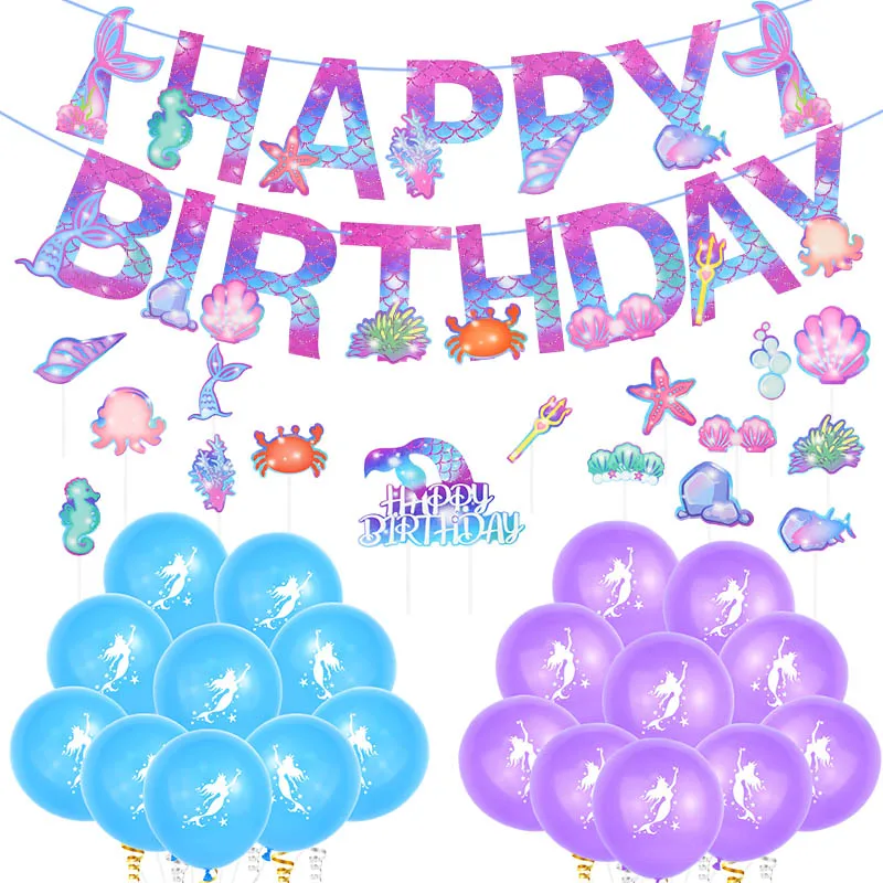 

Mermaid Party Baby Shower Happy Birthday Card Paper Banner Mermaid Latex Balloon Cake Topper Ocean Themed Holiday Decorations