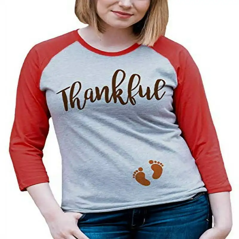 

Thankful Thanksgiving Pregnancy Announcement Raglan Tee Red