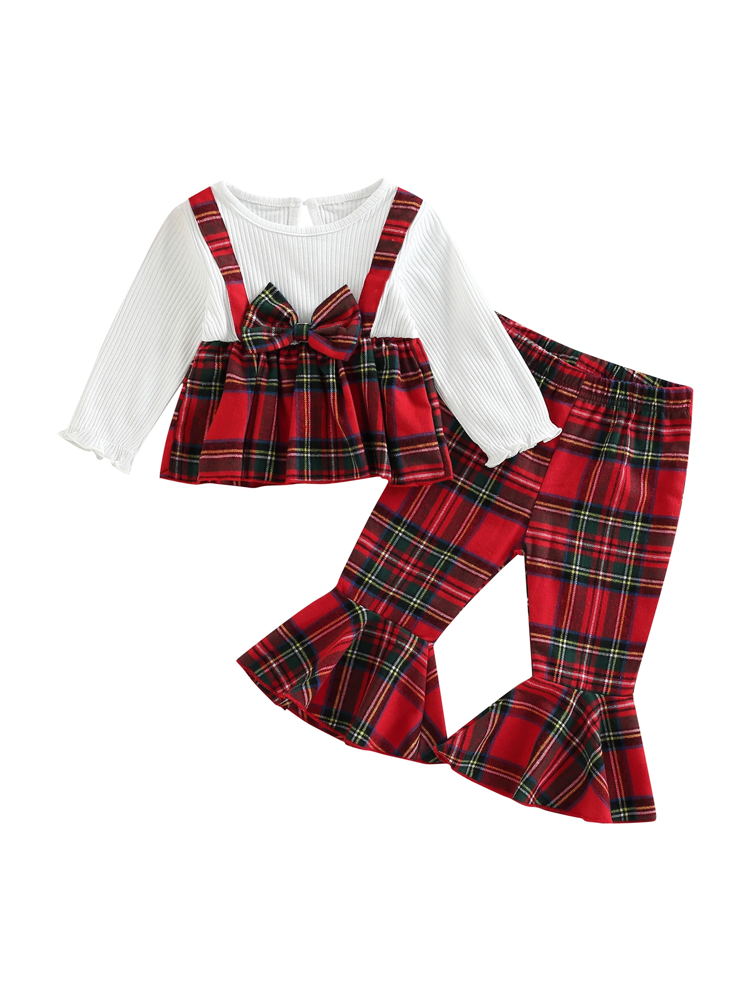 

YQYJA Toddler Baby Girls Trouser Outfits Long Sleeve Plaid Patchwork Ribbed Tops Flared Pant 2 Pieces Bell Bottom Set