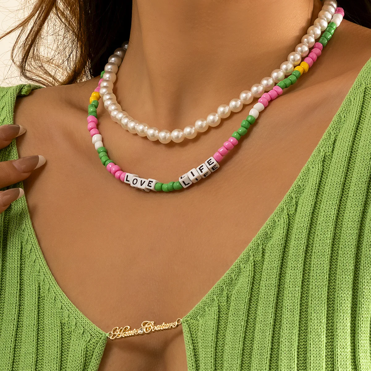 

Love Life White Pearls Bohemian Multi Layer Seed Beads Necklace For Women Letters Pearl Choker Necklace Boho Jewelry Collar